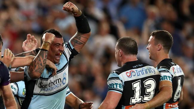 Andrew Fifita celebrates after his try in the grand final.