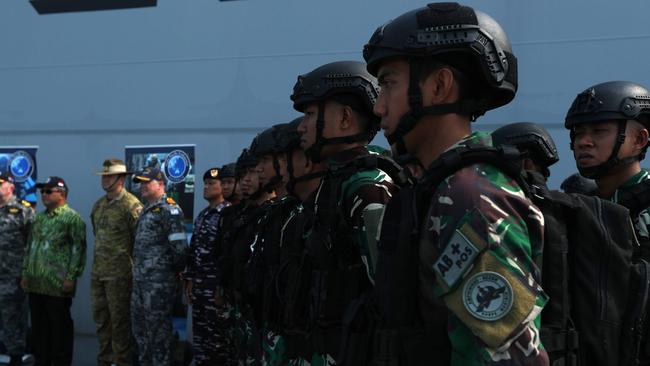 Indonesian National Armed Forces members aboard the HMAS Adelaide ahead of Exercise Keris Woomera, the first bilateral amphibious activity exercise with the Australian Defence Force. Picture: Zizi Averill