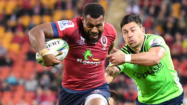 Queensland’s Samu Kerevi on the charge on Saturday night.