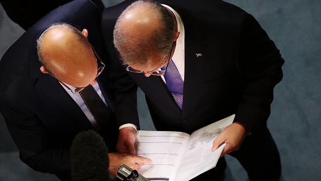 Treasurer Scott Morrison speaks with members of the media in the budget lockup at Parliament House. Picture: Getty