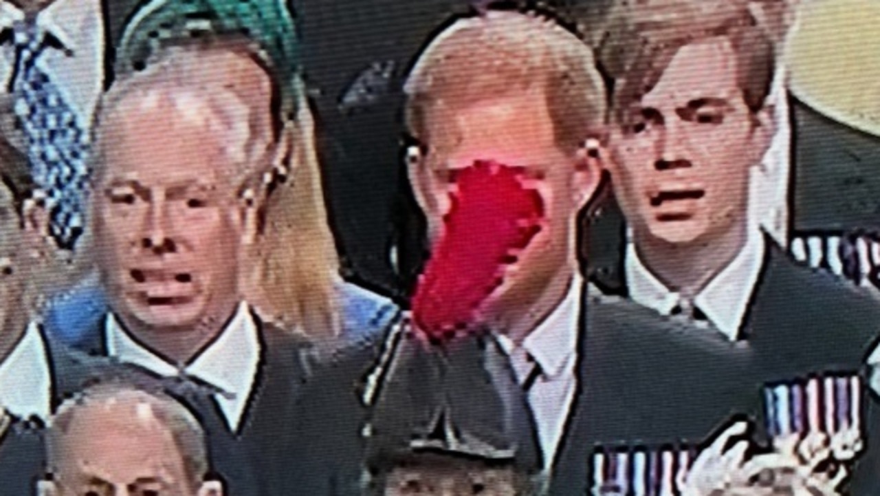 Prince Harry behind Princess Anne's hat.