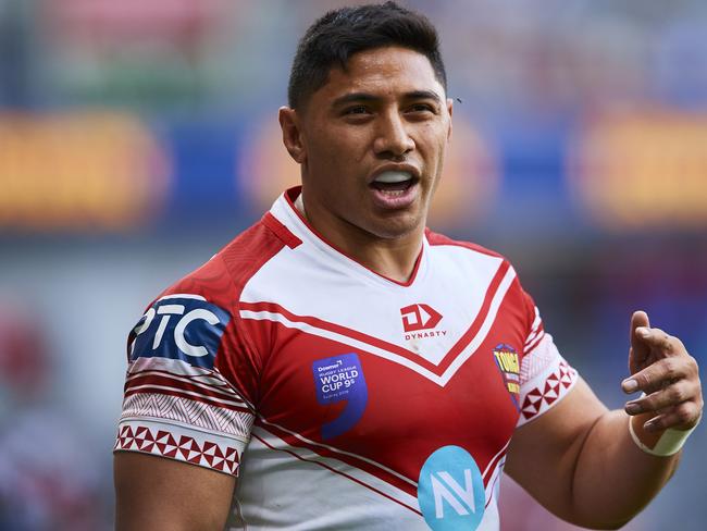 SYDNEY, AUSTRALIA - OCTOBER 19: Jason Taumalolo of Tonga looks on the round 2 Rugby League World Cup 9s match between Samoa and Tonga at Bankwest Stadium on October 19, 2019 in Sydney, Australia. (Photo by Brett Hemmings/Getty Images)