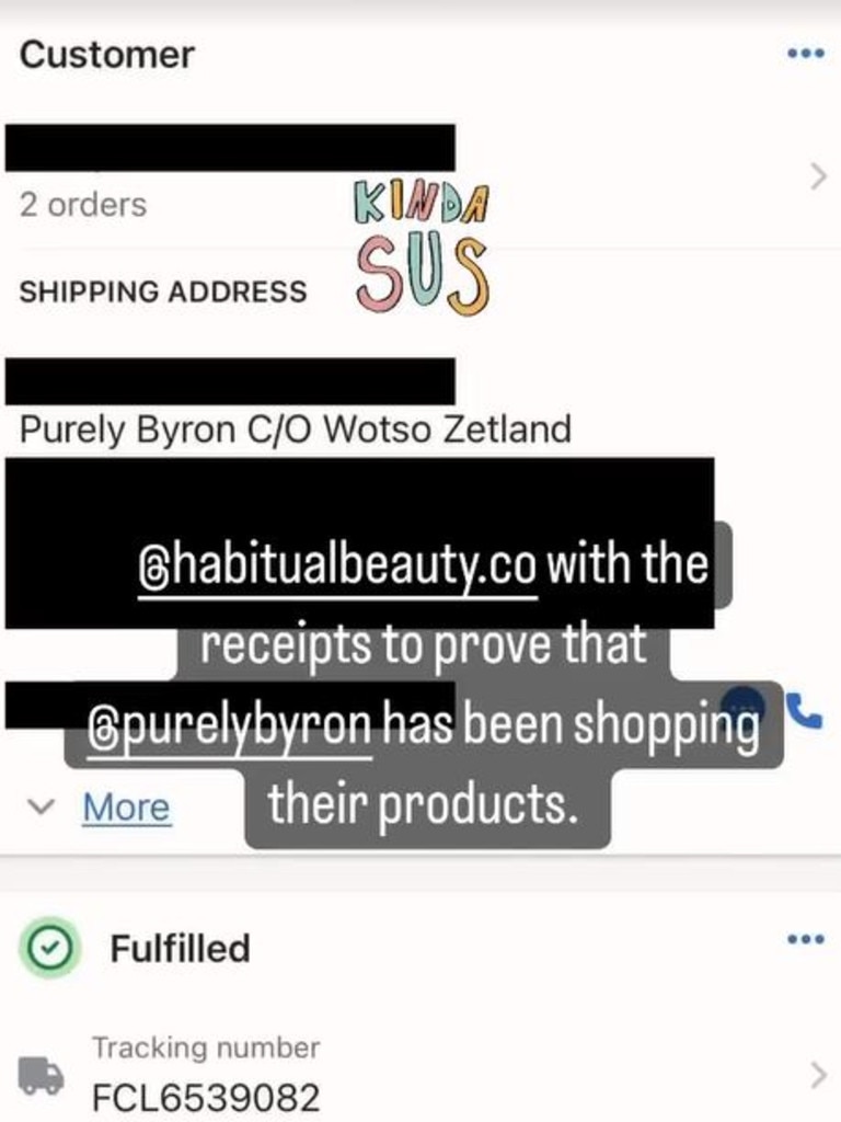 Receipts of Purely Byron's orders from Habitual Beauty. Picture: Instagram