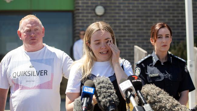 Samantha’s daughter Jess Murphy and husband Mick Murphy, speak to media outside Ballarat West Police Station, with Inspector Lisa Macdougall. Picture: NCA Newswire / Nicki Connolly