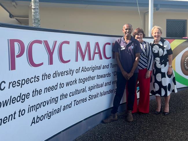 PCYC Mackay Patrick Thiaday, Mackay MP Julieanne Gilbert, and Youth Justice Minister Di Farmer in Mackay. Photo: Contributed.