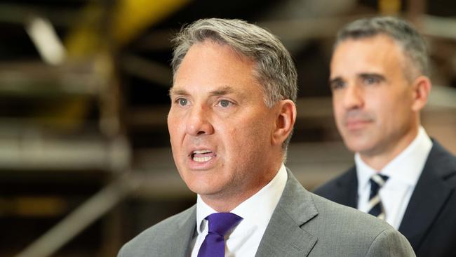 Defence minister Richard Marles and Premier of South Australia Peter Malinauskas at Osborne shipyard. Picture: NCA NewsWire/Morgan Sette