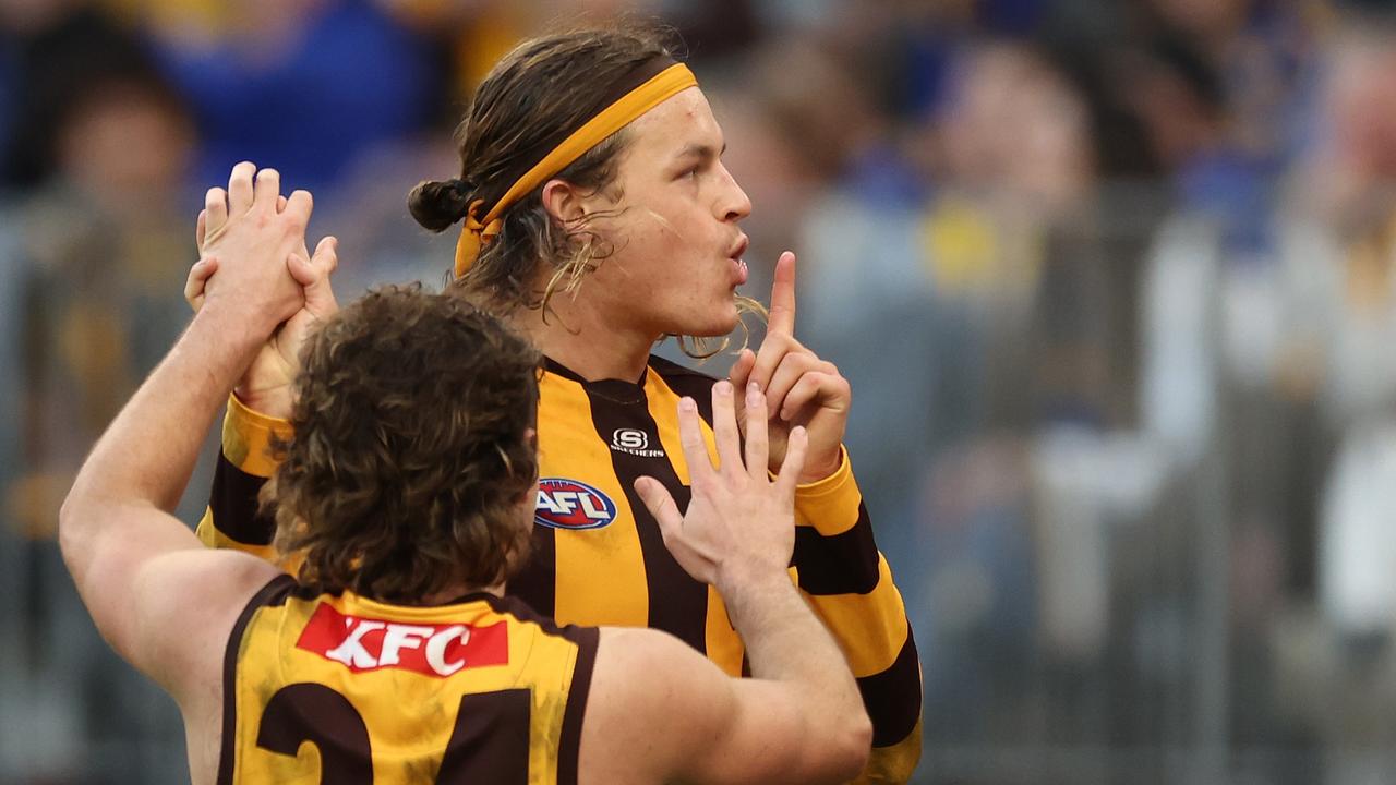 PERTH, AUSTRALIA - JUNE 30: Jack Ginnivan of the Hawks celebrates after scoring a goal during the 2024 AFL Round 16 match between the West Coast Eagles and the Hawthorn Hawks at Optus Stadium on June 30, 2024 in Perth, Australia. (Photo by Will Russell/AFL Photos via Getty Images)