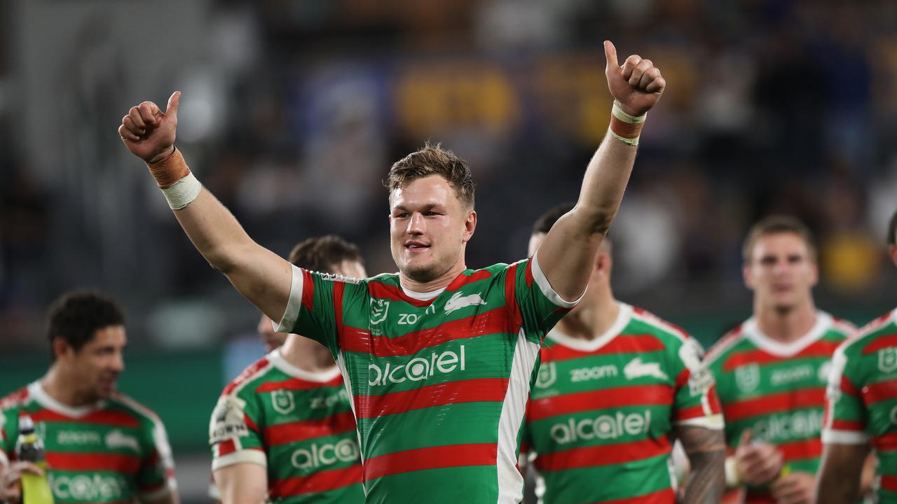 Souths Liam Knight celebrates victory after the NRL Semi Final between the Parramatta Eels and South Sydney Rabbitohs at Bankwest Stadium, Parramatta. Picture: Brett Costello