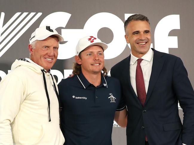 ADELAIDE, AUSTRALIA - APRIL 20: Greg Norman, Commissioner of Liv with Captain of the Ripper team, Cameron Smith and the Premier of South Australia Peter Malinauskas ahead of Liv Golf Adelaide at The Grange Golf Club on April 20, 2023 in Adelaide, Australia. (Photo by Sarah Reed/Getty Images)