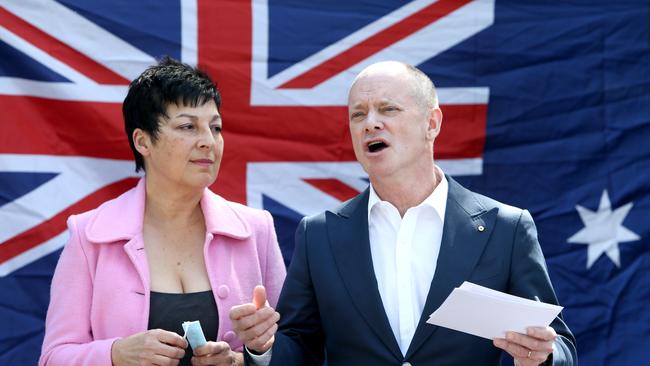 Campbell Newman at a press conference with his wife Lisa Newman, announcing his bid to run for the senate for the Liberal Democrats. Picture: Steve Pohlner