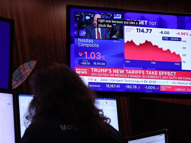 NEW YORK, NEW YORK - MARCH 04: Financial news is seen on a television on the floor of the New York Stock Exchange during morning trading on March 04, 2025 in New York City. Stock continued a downward trend as the stock market opened a day after the S & P 500 posted its biggest daily loss since December at 1.8% down and the Dow Jones closing at nearly a 650 points loss after U.S. President Donald Trump's tariffs on Canada, Mexico and China took effect leading to retaliation from some of those countries.   Michael M. Santiago/Getty Images/AFP (Photo by Michael M. Santiago / GETTY IMAGES NORTH AMERICA / Getty Images via AFP)