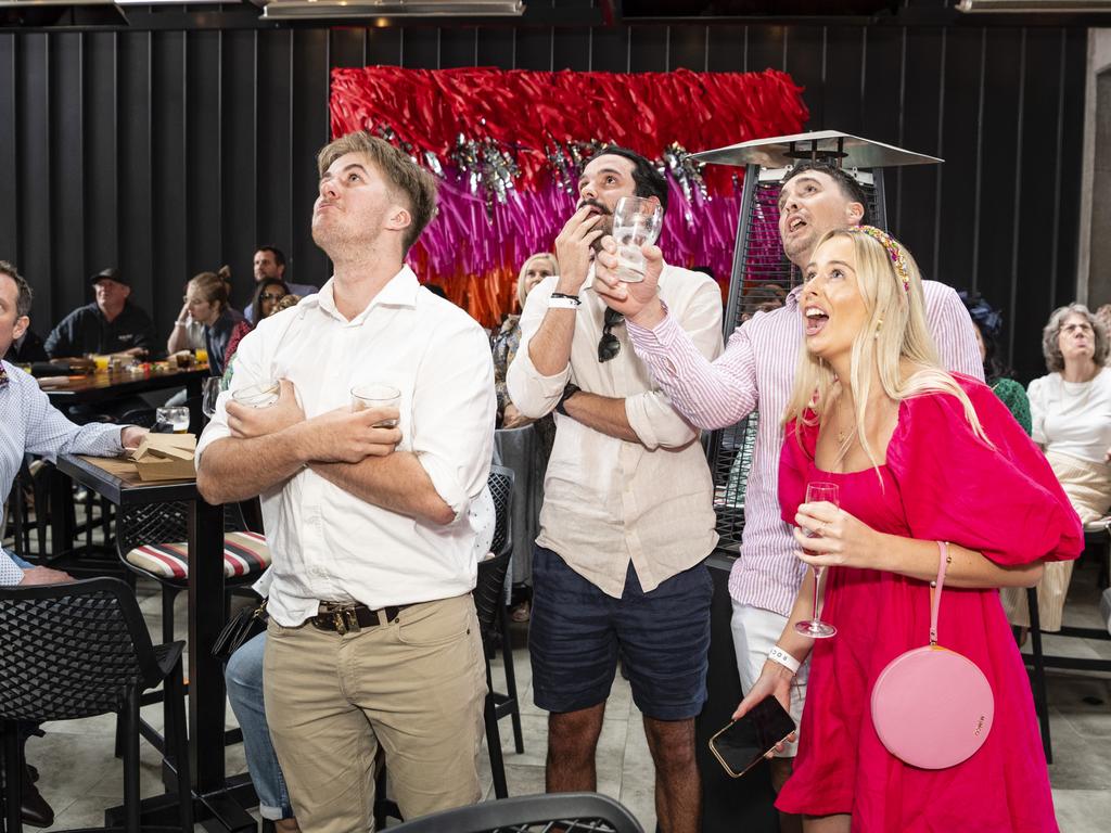 Reacting during the Melbourne Cup race are (from left) Riley Wockner, Callum Hart, Chris Hall and Holly Walker at The Rock Melbourne Cup party, Tuesday, November 1, 2022. Picture: Kevin Farmer