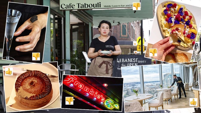 Thumbs up for Lode's $20 meat pie, bottom left, and Oncore as restaurant of the year, bottom right. But Kitchen Confidential gave the thumbs down to caviar bumps, top left, butter boards, top right, Cafe Tabouli's kitchen nightmare, main picture, and the loss of the iconic Frankies, bottom centre. Pictures: News Corp/Supplied