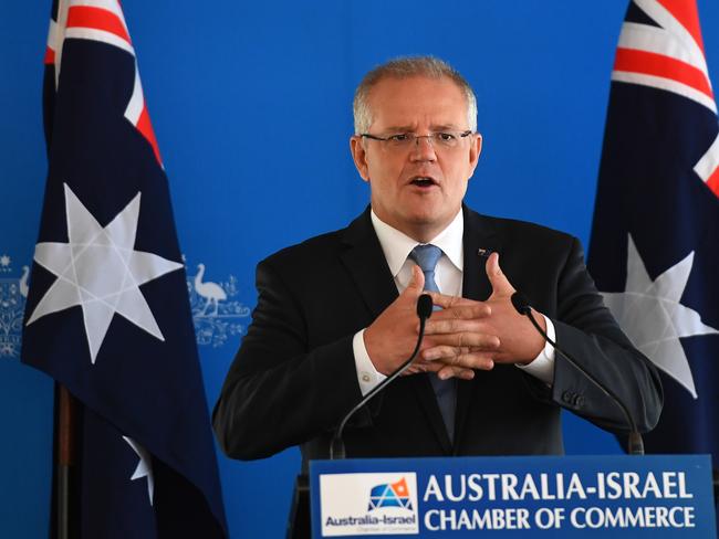 MELBOURNE, AUSTRALIA - MARCH 18: Prime Minister Scott Morrison addresses the Australia-Israel Chamber of Commerce on March 18, 2019 in Melbourne, Australia. The Prime Minister has announced an acceleration to the Safer Communities programme, with $55 million in community safety grants, with priority to be given to religious schools, places of religious worship and religious assembly. Grants from $50,000 to $1.5 million will provide for safety enhancements such as CCTV cameras, lighting, fencing, bollards, alarms, security systems and public address systems. The additional funding is in response to the deadly shooting attacks on two mosques in Christchurch on Friday, 15 March which killed 50 people. (Photo by Quinn Rooney/Getty Images)