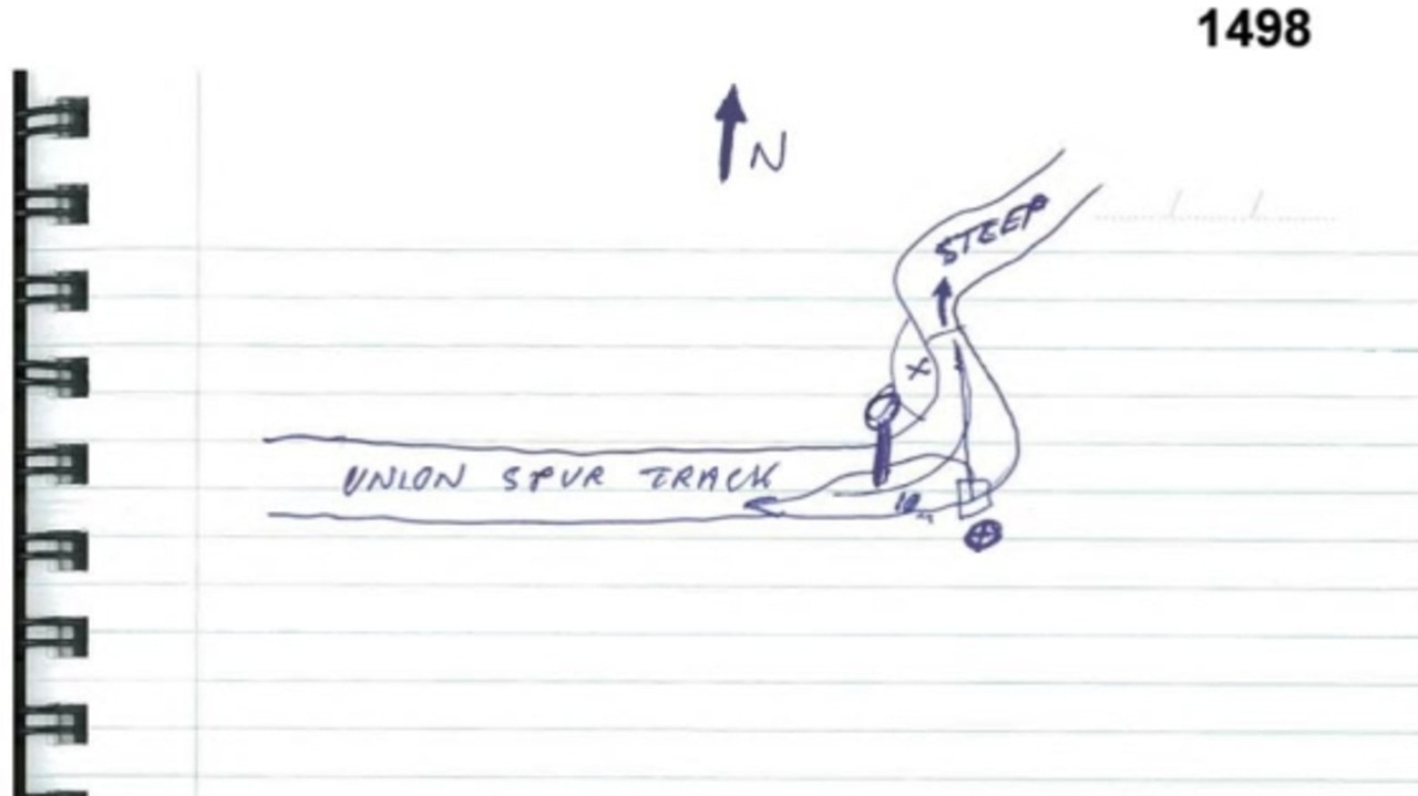 Lynn drew a map of the site off Union Spur Track where he dumped and later burned the bodies of Carol Clay and Russell Hill. Picture: Supplied/ Supreme Court of Victoria.