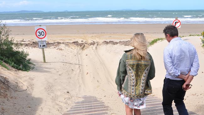 Cr Adam Belot (right) and Clair Fitzpatrick walk the incline at the Bangalee access to Farnborough Beach. File photo.