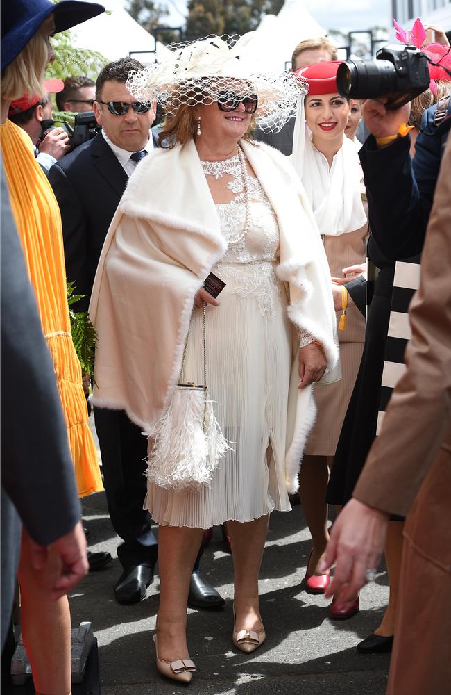 Gina Rinehart arrives at the Emirates marquee. Picture: AAP