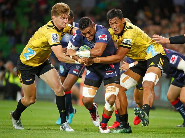 MELBOURNE, AUSTRALIA - MARCH 30:  Amanaki Mafi of the Rebels runs with the ball during the round seven Super Rugby match between the Rebels and the Hurricanes at AAMI Park on March 30, 2018 in Melbourne, Australia.  (Photo by Scott Barbour/Getty Images)