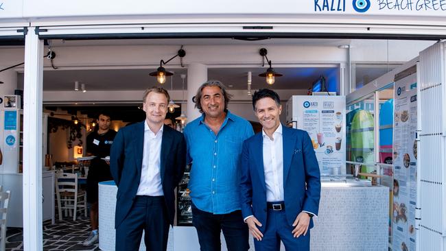 Left to right: Manly MP James Griffin, Kazzi Beach Greek owner Peter Papas and Minister Victor Dominello. Picture: Supplied.