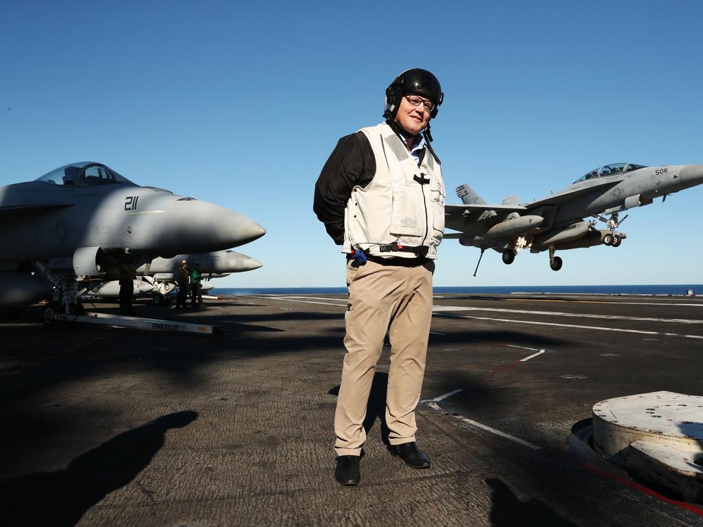 Australian Prime Minister Scott Morrison visits USS Ronald Reagan off the coast of Brisbane as part of a joint America and Australia Operation Talisman Sabre 2019 on July 12, 2019. Picture: Adam Taylor