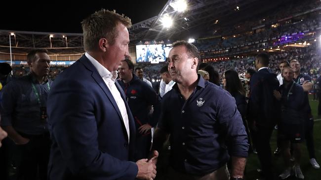 Canberra’s Ricky Stuart (R) lost last year’s grand final to the Sydney Roosters’ Trent Robinson. Picture: Getty