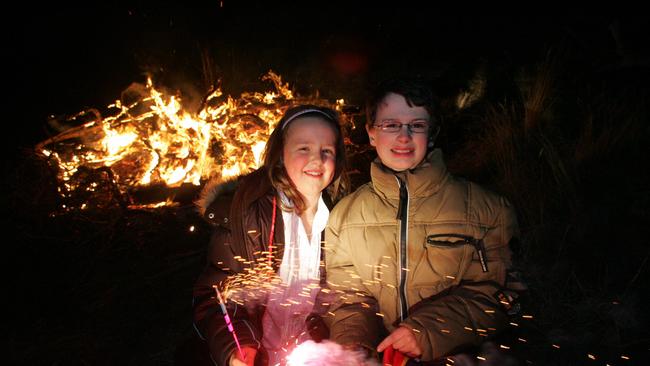Cracker Night to celebrate Empire Day back in Tasmania Alexandra, 8, and Dominic, 11, Mole of Old Beach enjoy the fireworks at their bonfire