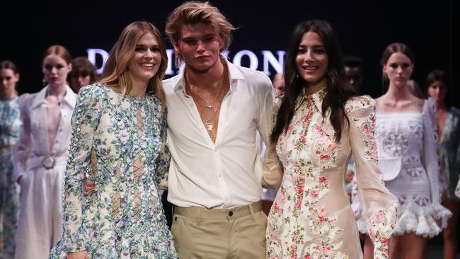 Victoria Lee, Jordan Barrett and Jessica Gomes in Zimmerman at DJs’ Autumn Winter 2018 Collections Launch in February. Picture: Getty Images