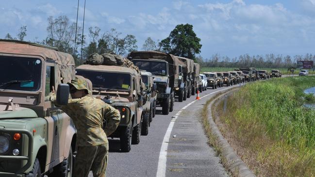Ten anniversary of Cyclone Yasi. Troop convoy from Ingham prepares to head to Cardwell. Picture: Evan Morgan