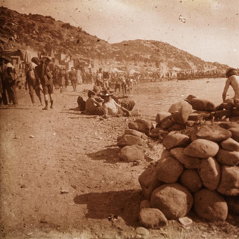 Soldiers on the beach at Anzac Cove on the Gallipoli Peninsula in May 1915. Picture: Charles Snodgrass Ryan