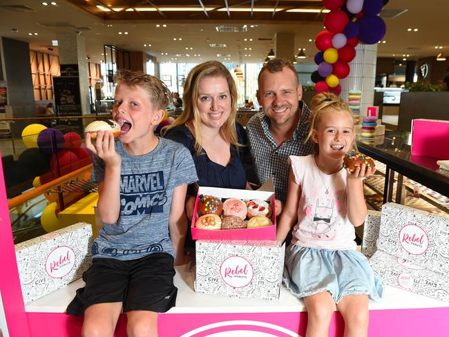 Less than 12 months after opening their first donut shop Mt Eliza couple Ben Swan and Hayley Bradley are expanding with a pop up in Camberwell. (L-R) Cooper Bradley (10), Hayley Bradley, Ben Swan and Bobbie Swan (8). Picture: Josie Hayden