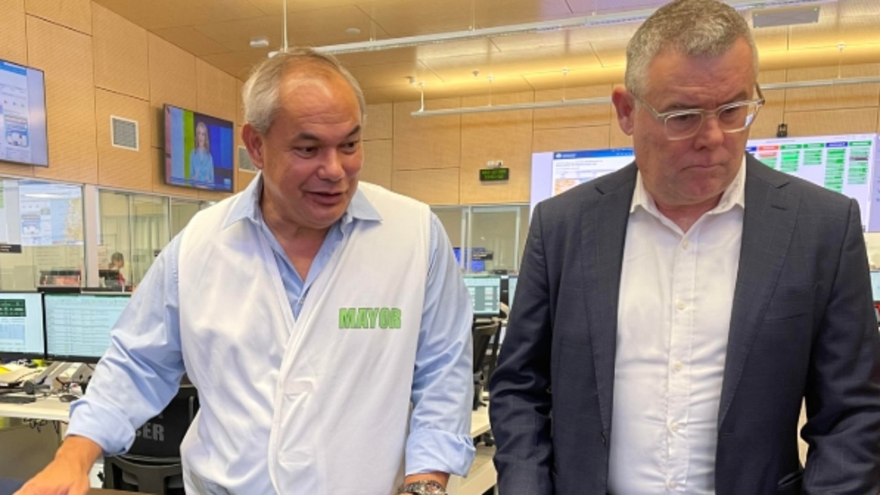 Gold Coast Mayor Tom Tate and Coast-based Senator Murray Watt at the Disaster and Emergency Centre looking at the impact from ex-Tropical Cyclone Alfred.