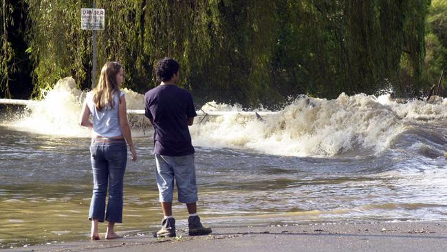 Residents watch as floodwaters race across roadway of Wakehurst Parkway. Picture: John Grainger.