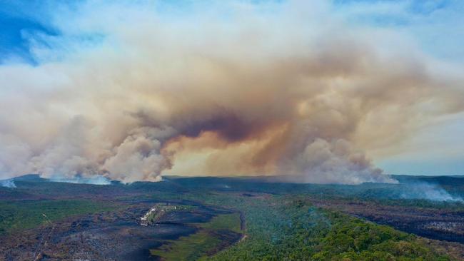 Drone stills taken by Glen Winney's of the fire burning on Fraser Island. Picture Facebook/Glen Winney.