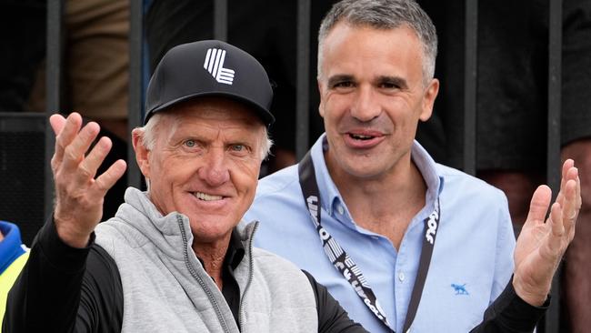 LIV golf boss Greg Norman and Premier Peter Malinauskas during LIV Adelaide at The Grange Golf Club. (Photo by Asanka Ratnayake/Getty Images)