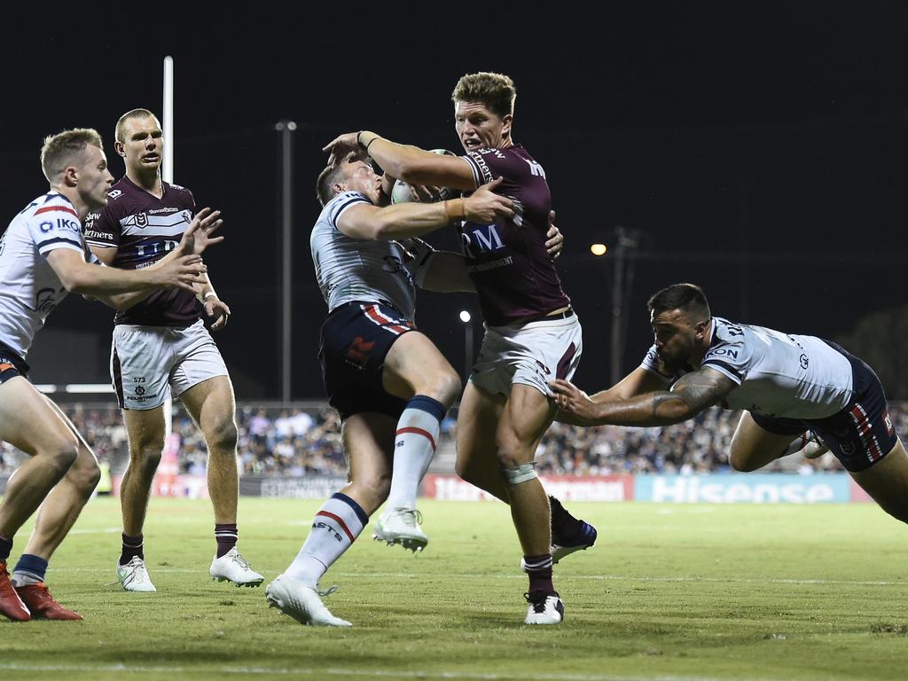 Reuben Garrick of the Sea Eagles is tackled during the NRL Semi-Final match between the Manly Sea Eagles and the Sydney Roosters at BB Print Stadium on September 17, 2021 in Mackay, Australia. Picture: Matt Roberts