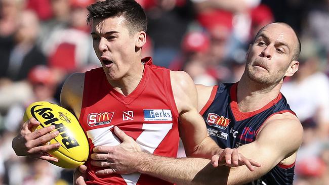 North Adelaide’s Connor Rozee tackled by Norwood’s Jace Bode. Picture: SARAH REED