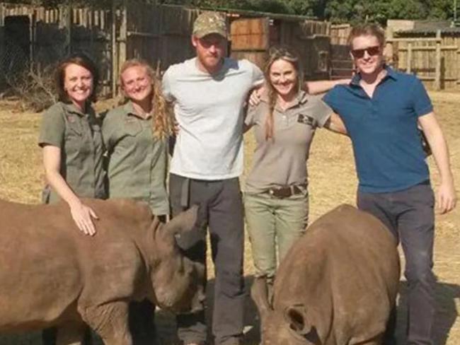 Prince Harry and Hugh Grosvenor (far right) seen on a trip to Africa in 2015. The royal won’t be attending his friend’s wedding. Picture: Care for Wild/Twitter