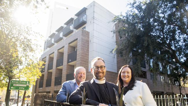 Rev Dr Matthew Wilcoxen, Ross Jones, CEO of Sydney Anglican Property and Amanda Bailey, Head of Advocacy Faith Housing Australia, at St Jones church in Darlinghurst where they built housing on the church property. Picture: Jeremy Piper