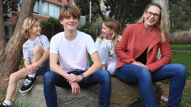 Sydney mum Delia Burrage says she has no qualms about vaccinating Hugo, 13, as well as Jasper, 11, and Frankie, 9, when they are eligible. Picture: John Feder