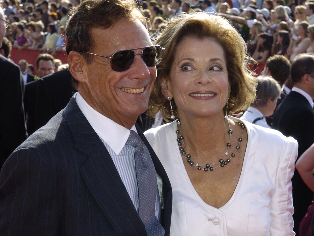 Ron Leibman, left, with his wife Jessica Walter, at the Emmy Awards in 2005. Picture: AP