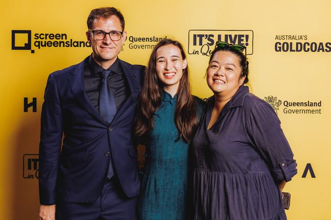 Peter Rasmussen and Kailani D’amour and Nicole Leo at the Portable Door screening, HOTA. Picture: Supplied.