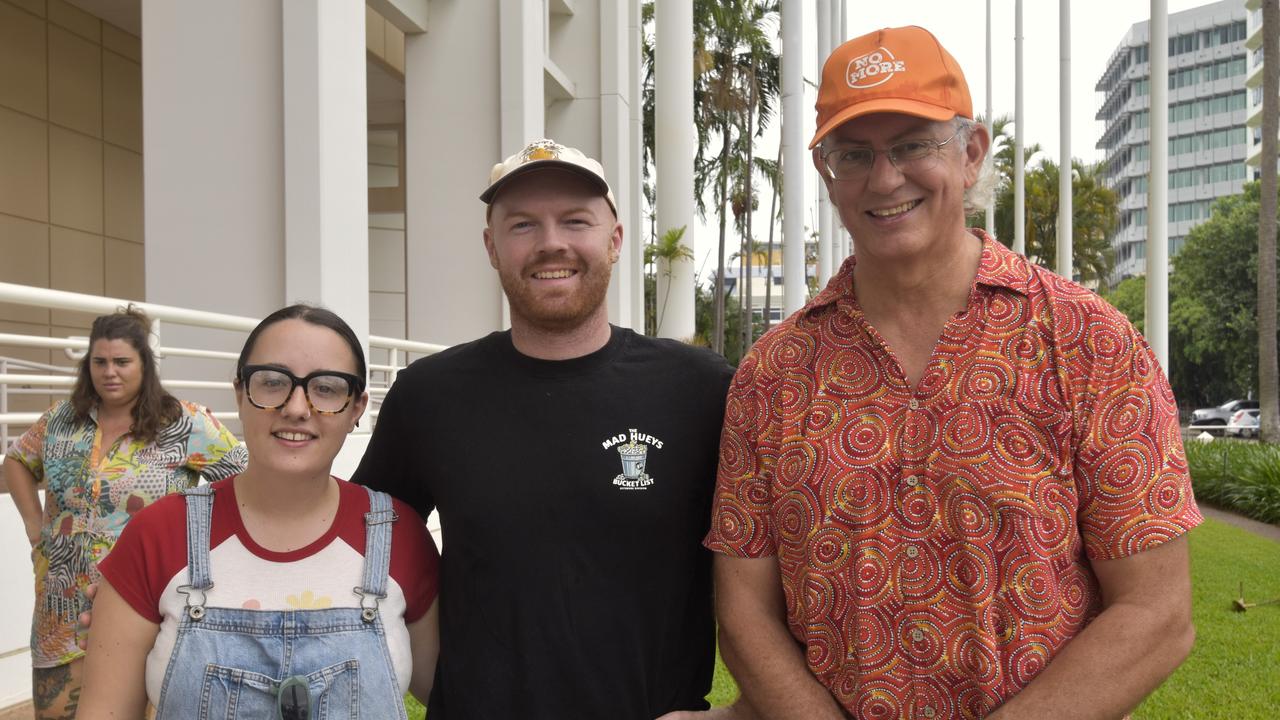 Nikita Miller, Mitchell Kent, Rob Cross at the Darwin No More Violence rally at Parliament House, 2024. Picture: Sierra Haigh