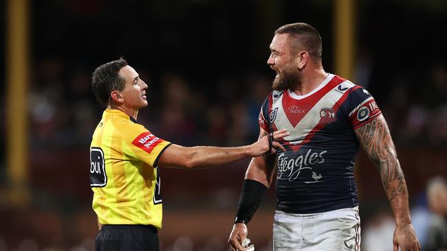 Jared Waerea-Hargreaves launched a stunning spray at Gerard Sutton. Picture: Matt King/Getty