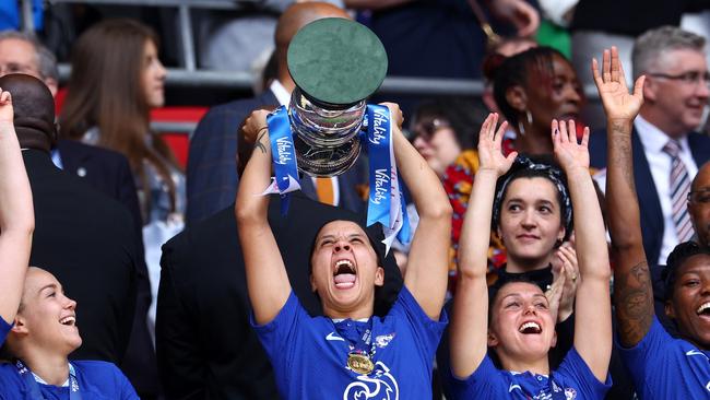 Sam Kerr lifts the Women’s FA Cup after Chelsea’s 1-0 win over Manchester United. Picture: Clive Rose / Getty Images