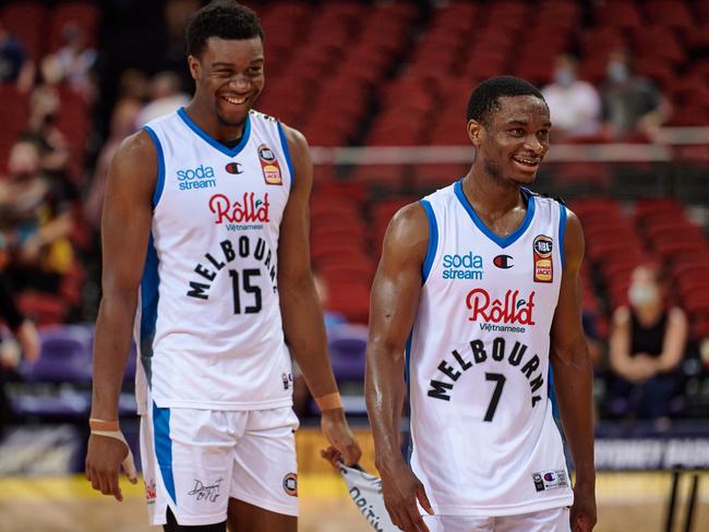 Brothers in arms Ariel Hukporti and Agada share a smile after United’s Boxing Day win over the Kings. Picture: Getty Images