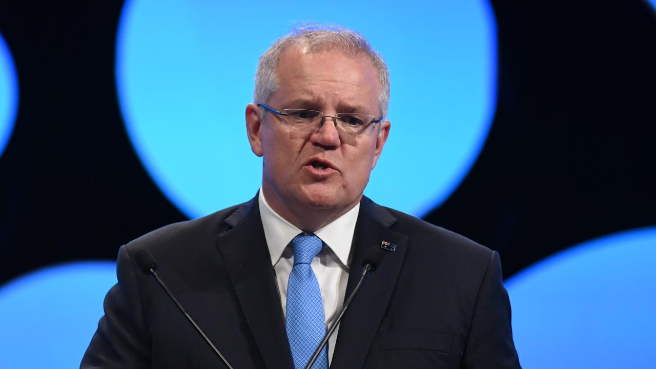Prime Minister Scott Morrison at the Australian Financial Review summit, Investing for Growth, in Sydney this morning. Picture: Dean Lewins/AAP