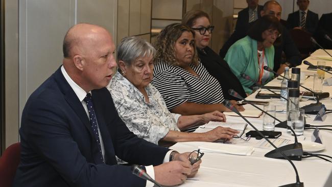 Peter Dutton at the Referendum Working Group meeting at Parliament House, Canberra, in February. Until this week, he’s been all over the shop on the Voice. Picture: NCA NewsWire/Martin Ollman