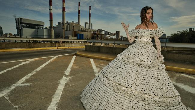 Phoebe Tonkin wears Valentino haute couture dress and gloves; Paspaley rings, on right hand, on ring finger and middle finger, on left hand, ring finger, middle finger and index finger. Picture: Emma Summerton