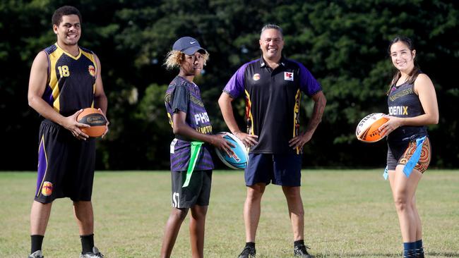 Phoenix Sports and Culture Club basketballers Maddy Pedro, 18 and Andrew Moke with Oztag players Aiden Nona, 13, and Evie Evernden. PICTURE: STEWART McLEAN