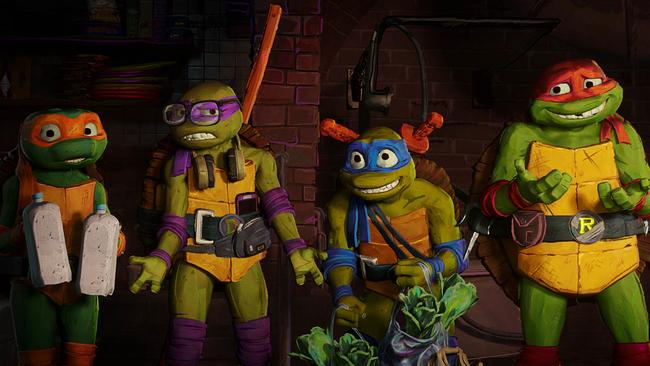 Mikey, Donnie, Leo and Raph in Teenage Mutant Ninja Turtles: Mutant Mayhem.